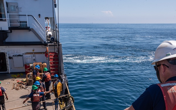 U.S. Coast Guard Buoy Tender George Cobb completes buoy swap operation off the coast of San Pedro, California.