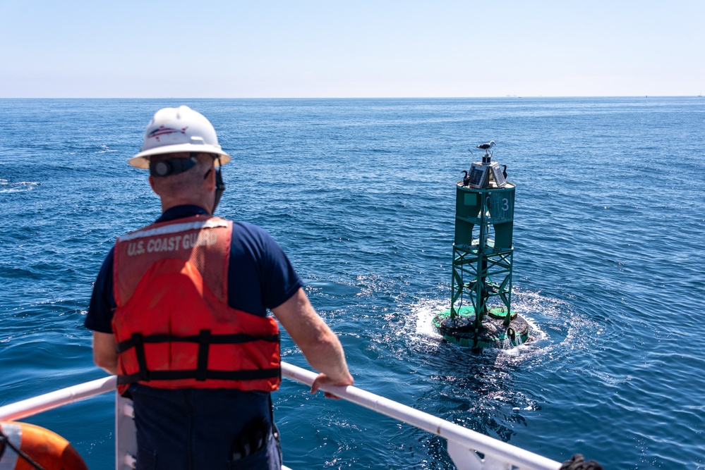 U.S. Coast Guard Buoy Tender George Cobb completes buoy swap operation off the coast of San Pedro, California.