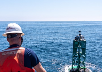 U.S. Coast Guard Buoy Tender George Cobb completes buoy swap operation off the coast of San Pedro, California.