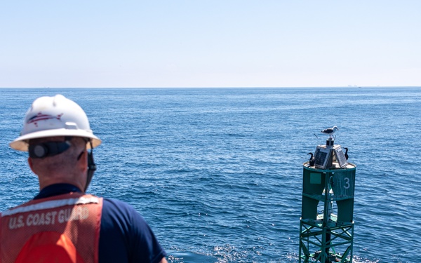 U.S. Coast Guard Buoy Tender George Cobb completes buoy swap operation off the coast of San Pedro, California.