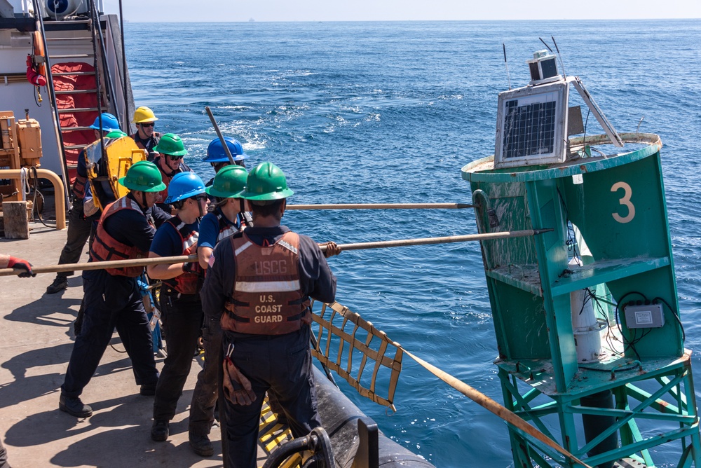 U.S. Coast Guard Buoy Tender George Cobb completes buoy swap operation off the coast of San Pedro, California.