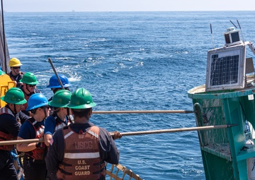 U.S. Coast Guard Buoy Tender George Cobb completes buoy swap operation off the coast of San Pedro, California.