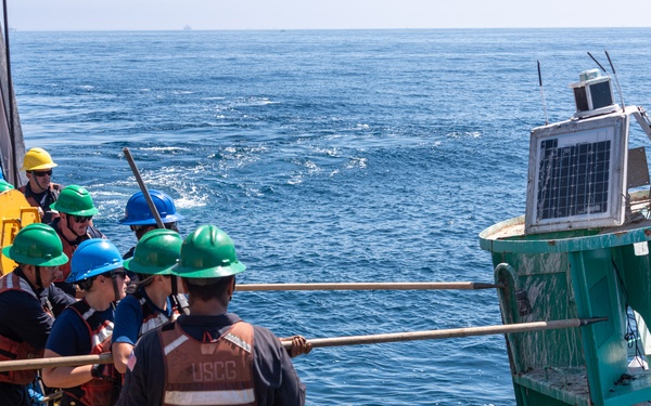 U.S. Coast Guard Buoy Tender George Cobb completes buoy swap operation off the coast of San Pedro, California.