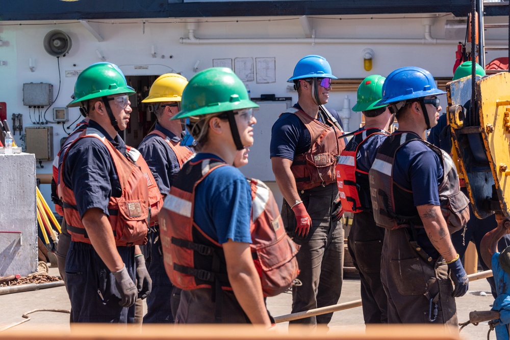 U.S. Coast Guard Buoy Tender George Cobb completes buoy swap operation off the coast of San Pedro, California.