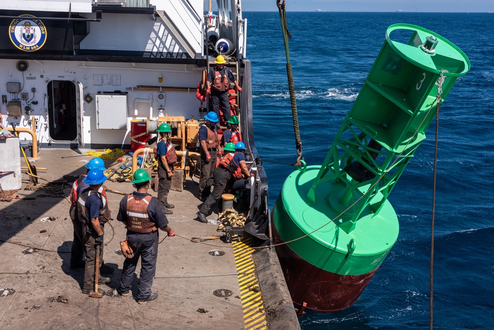 U.S. Coast Guard Buoy Tender George Cobb completes buoy swap operation off the coast of San Pedro, California.