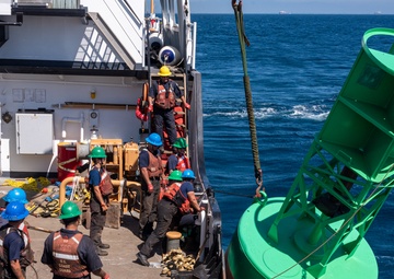 U.S. Coast Guard Buoy Tender George Cobb completes buoy swap operation off the coast of San Pedro, California.