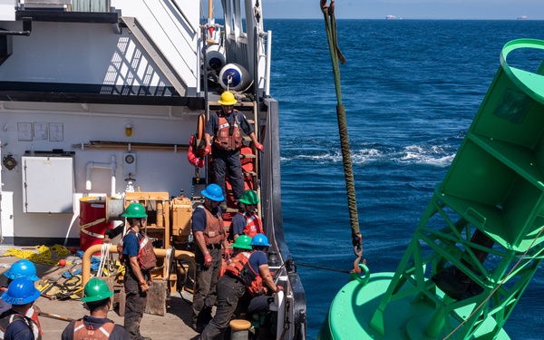 U.S. Coast Guard Buoy Tender George Cobb completes buoy swap operation off the coast of San Pedro, California.