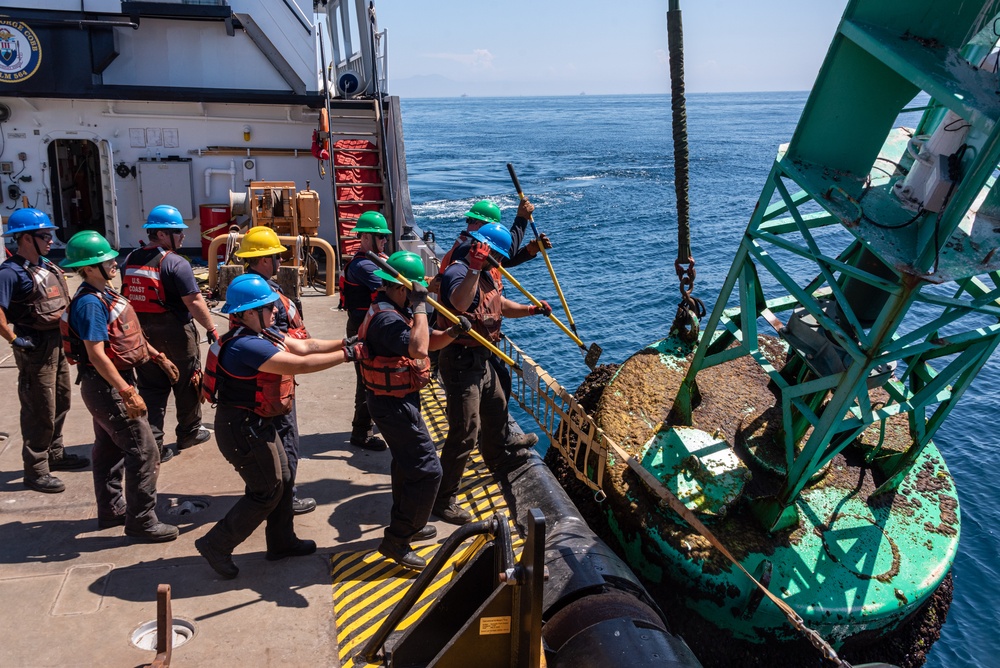 U.S. Coast Guard Buoy Tender George Cobb completes buoy swap operation off the coast of San Pedro, California.