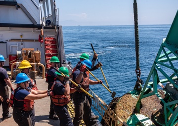 U.S. Coast Guard Buoy Tender George Cobb completes buoy swap operation off the coast of San Pedro, California.