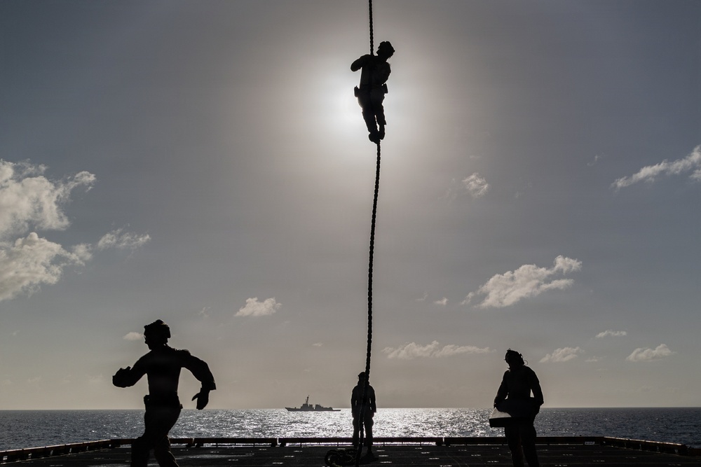 22nd MEU(SOC) | BLT Fast Rope Sustainment Training on USS Iwo Jima