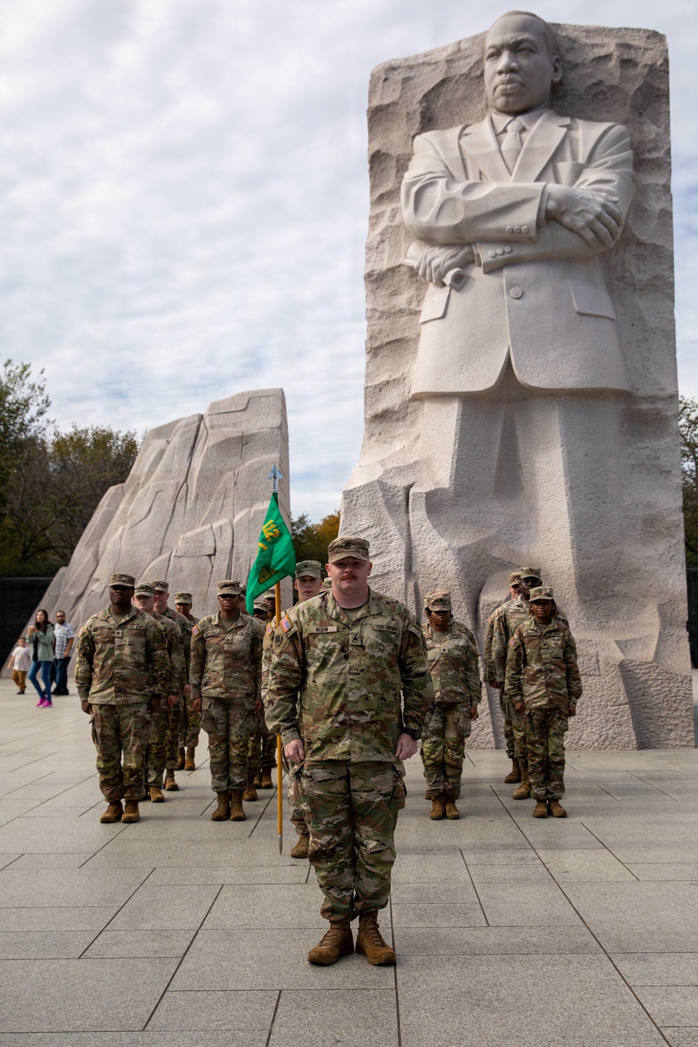 Mississippi National Guard Soldiers have a promotion ceremony in front of the Martin Luther King Jr. Monument