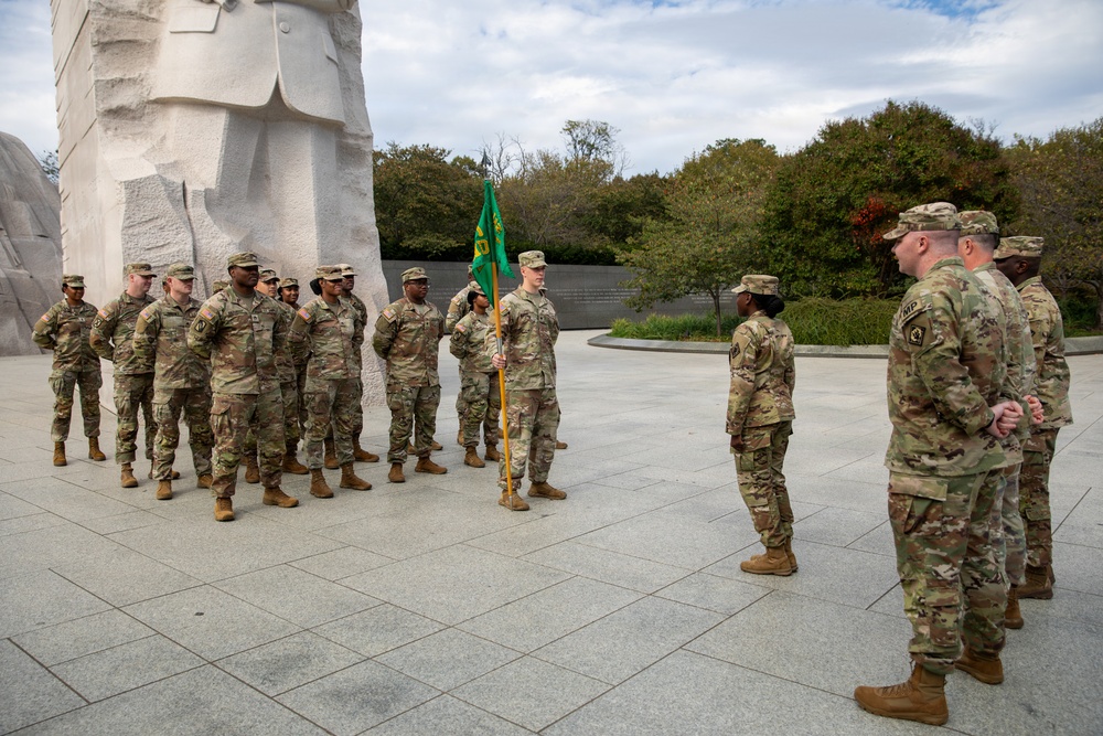 A Mississippi National Guard Soldier gets promoted in front of the Martin Luther King, Jr. Memorial