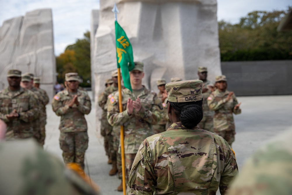 A Mississippi National Guard Soldier gets promoted in front of the Martin Luther King, Jr. Memorial