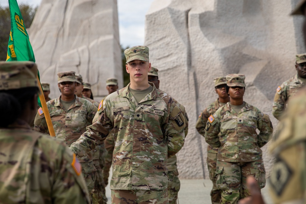A Mississippi National Guard Soldier gets promoted in front of the Martin Luther King, Jr. Memorial