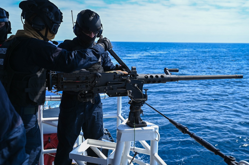 Coast Guard Cutter Forrest Rednour crew members conducts a gunnery exercise off the Southern California coast