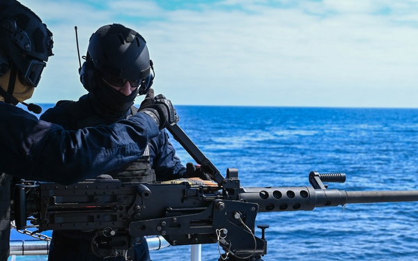 Coast Guard Cutter Forrest Rednour crew members conducts a gunnery exercise off the Southern California coast