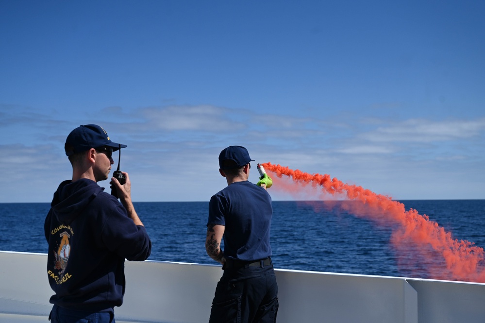 Coast Guard Cutter Forrest Rednour crew members conducts pyrotechnics training in Pacific Ocean