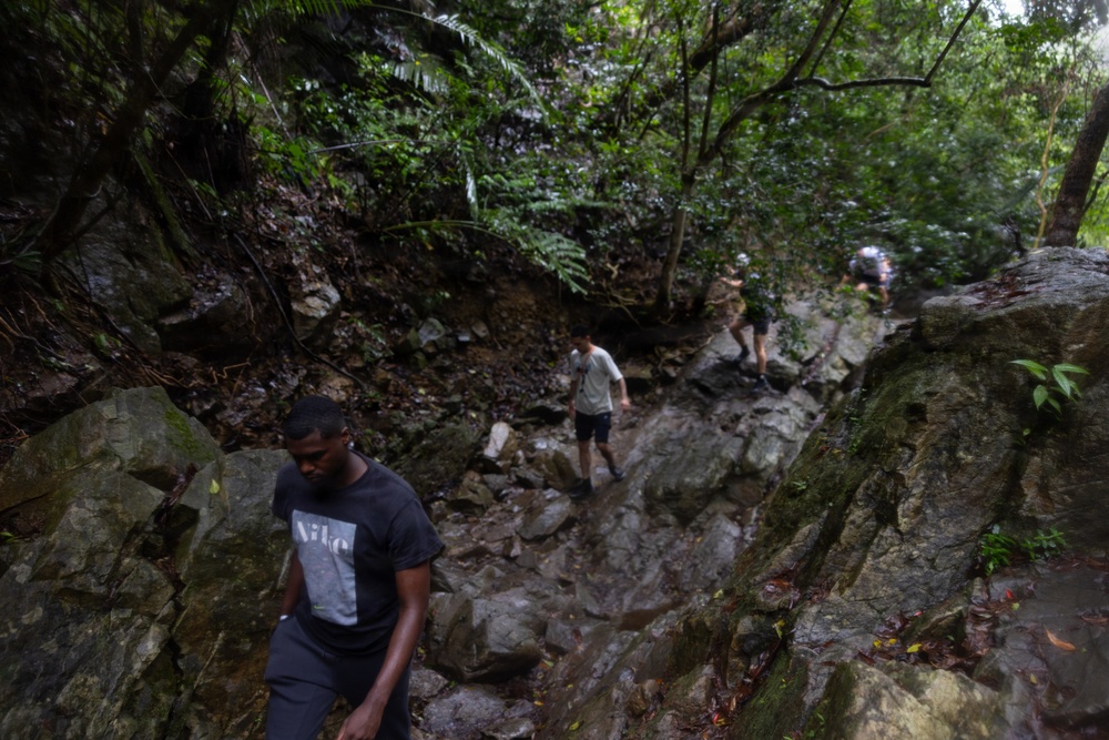 5th Air Naval Gunfire Liaison Company Marines and Navy Chaplain hike Tataki Falls