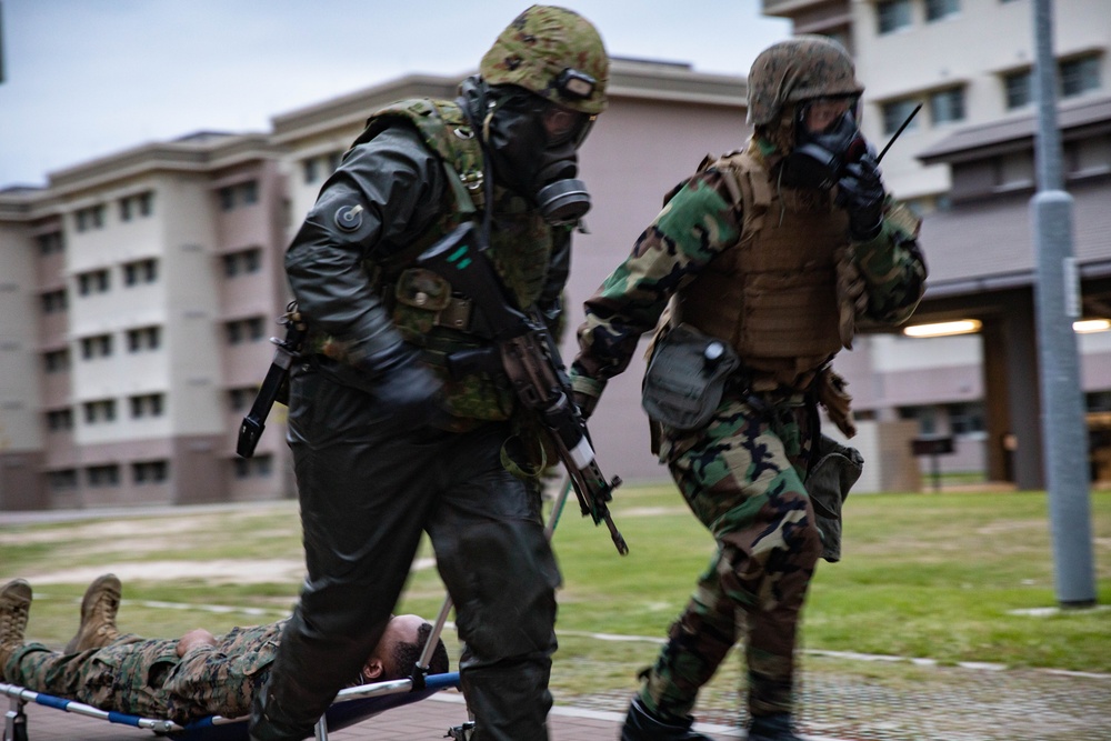 U.S. Marines and JGSDF members participate in simulated CBRN casualty care during exercise Active Shield 26