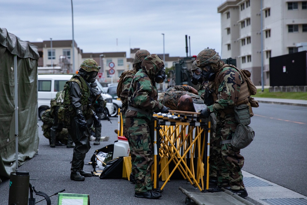 U.S. Marines and JGSDF members participate in simulated CBRN casualty care during exercise Active Shield 26