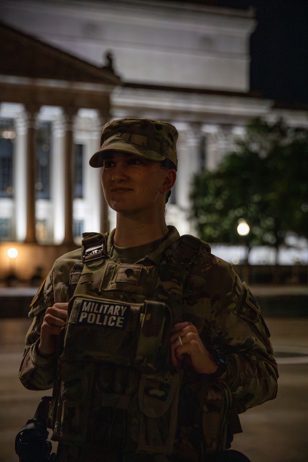 A Mississippi Army National Guard Soldier on patrol at night in Washington, D.C. A Mississippi Army National Guard Soldier on patrol at night in Washington, D.C.