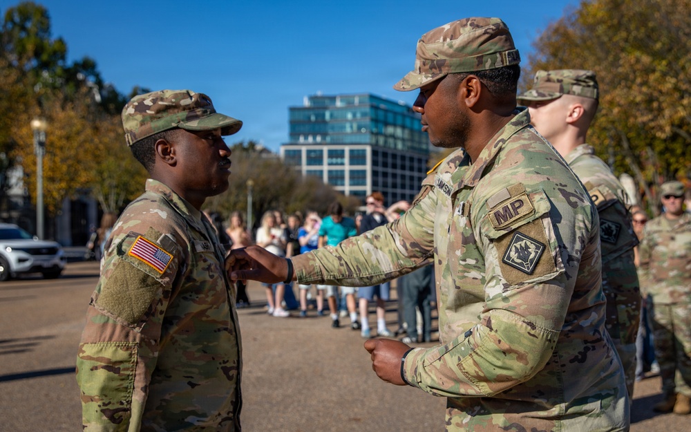 A Mississippi Army National Guard Soldier gets promoted in front of the White House