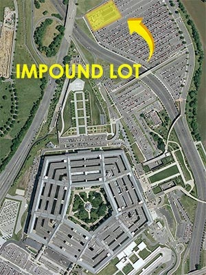 Arial map of the Pentagon showing where the impound lot is located on grounds