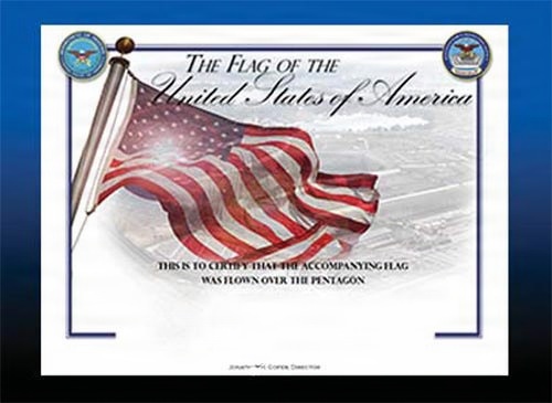 A copy of the certificate that accompanies the flag that was flown over the Pentagon