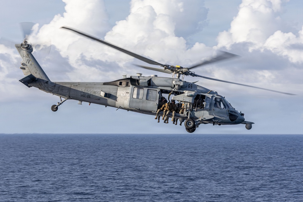 U.S. Marines Conduct a Fast Rope Evolution aboard the USS Iwo Jima