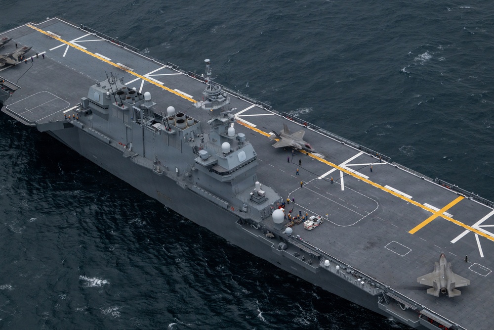 U.S. Marines, Sailors and JMSDF members conduct flight operations aboard the JS Kaga