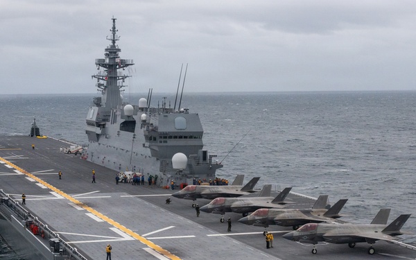 U.S. Marines, Sailors and JMSDF members conduct flight operations aboard the JS Kaga