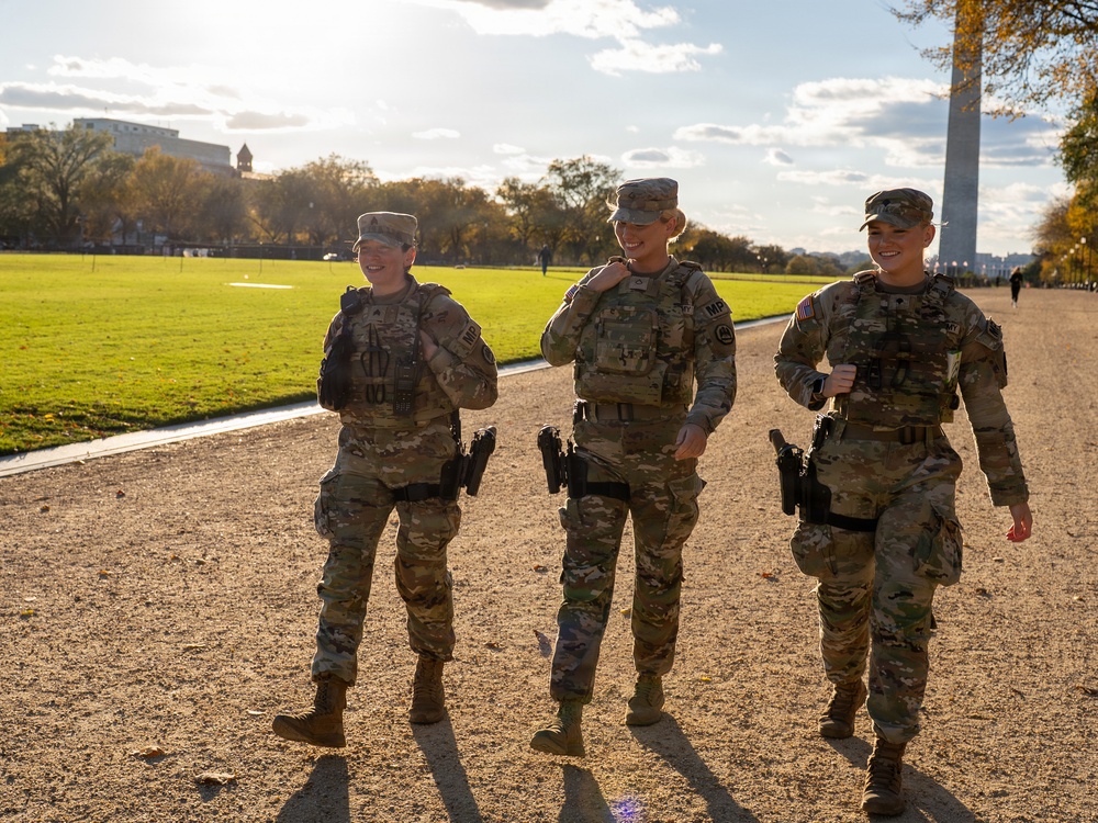 Soldiers provide a presence patrol in the National Mall