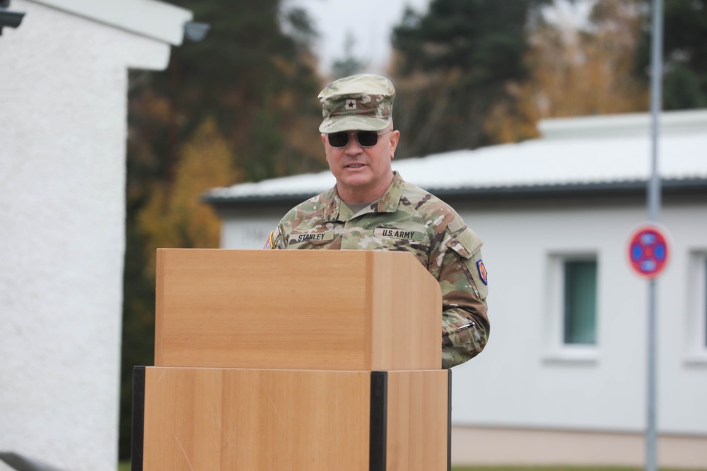 BG Stanley speaks during 510th casing colors ceremony