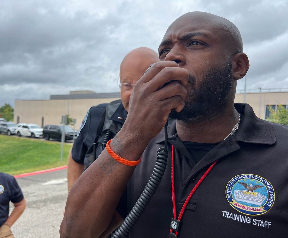 A Pentagon police officer outside of the Pentagon during a training session