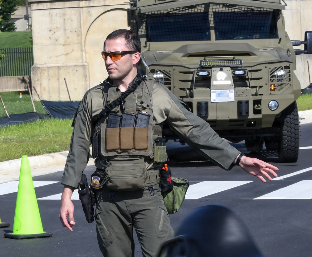 A Pentagon police officer securing the area during an event at the Pentagon