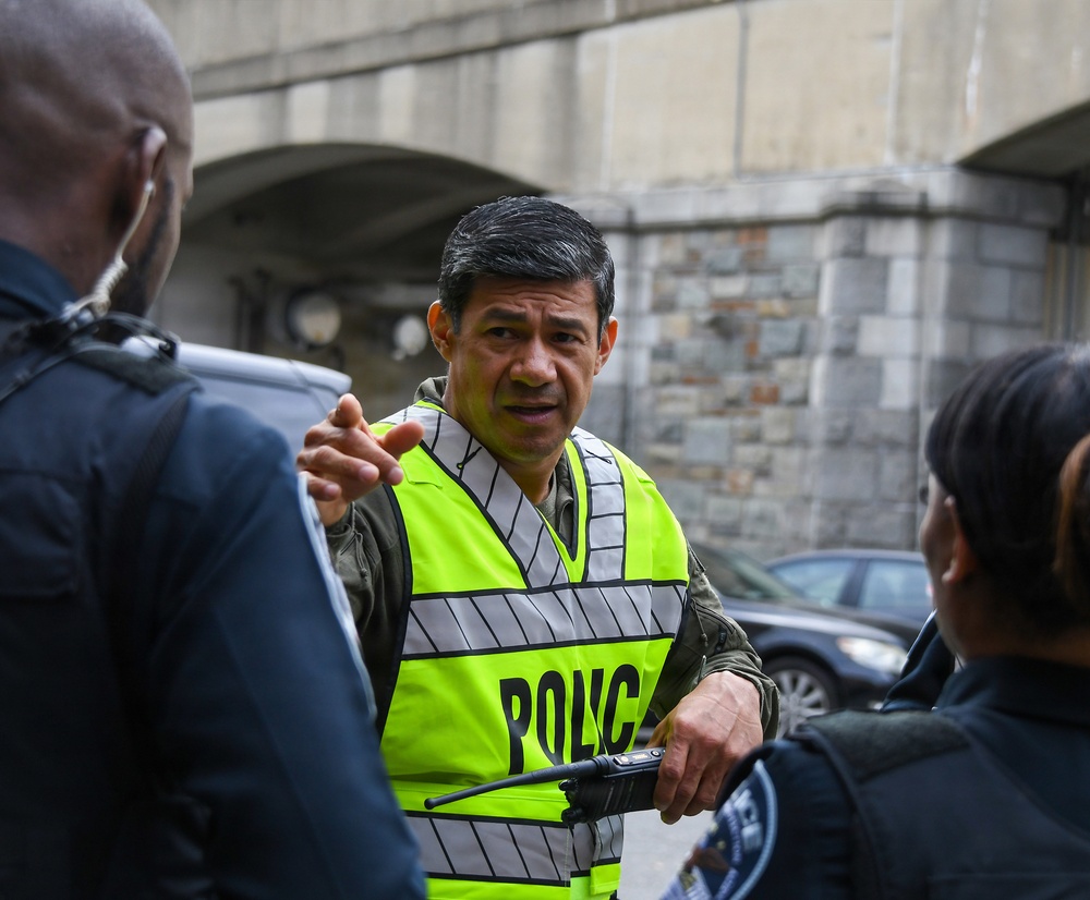 A Pentagon police officer supervises a training exercise