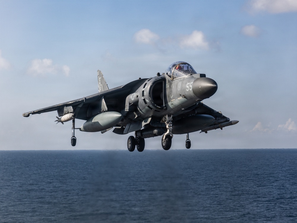 22nd MEU(SOC) | AV-8B Harrier IIs Conduct Flight Operations on USS Iwo Jima