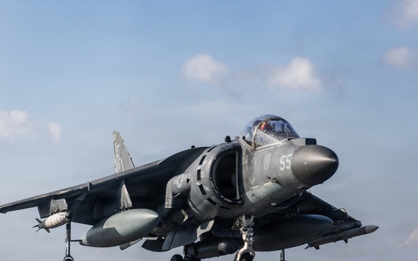 22nd MEU(SOC) | AV-8B Harrier IIs Conduct Flight Operations on USS Iwo Jima