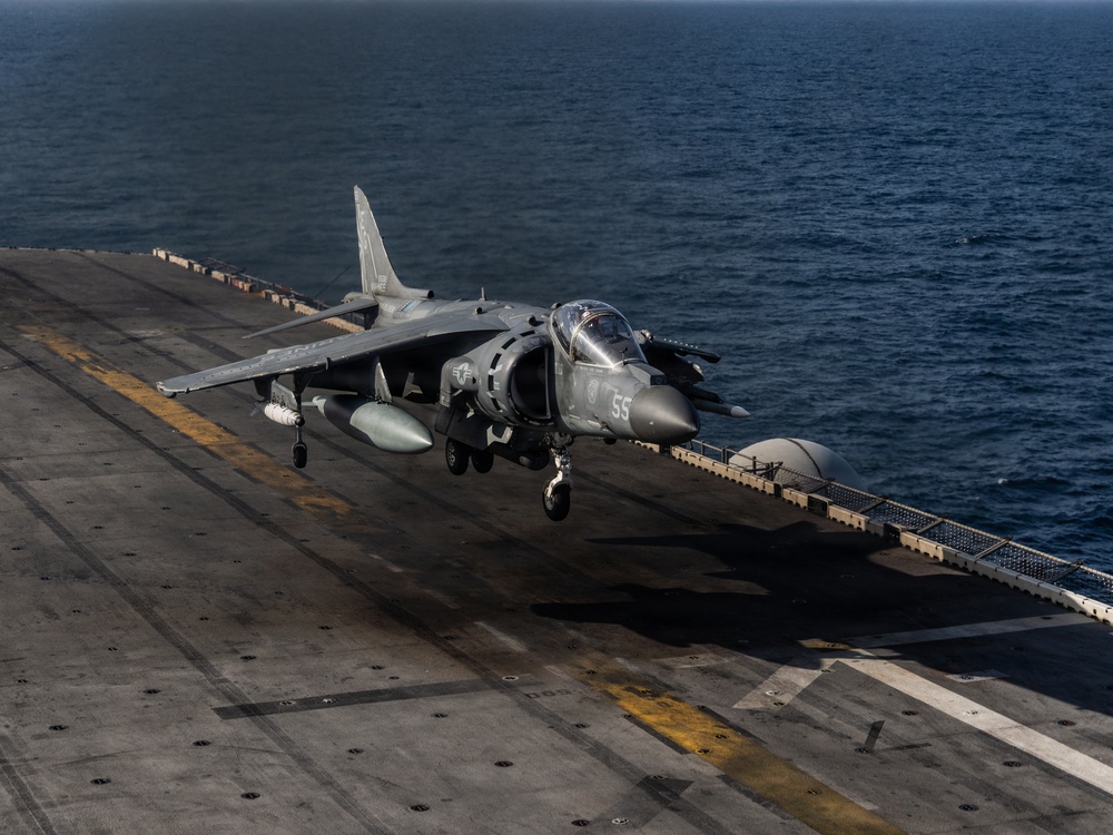 22nd MEU(SOC) | AV-8B Harrier IIs Conduct Flight Operations on USS Iwo Jima