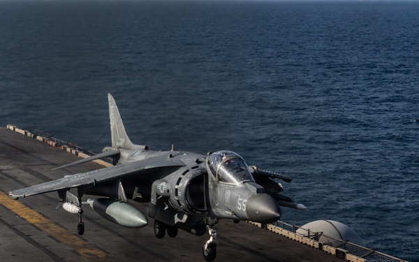22nd MEU(SOC) | AV-8B Harrier IIs Conduct Flight Operations on USS Iwo Jima