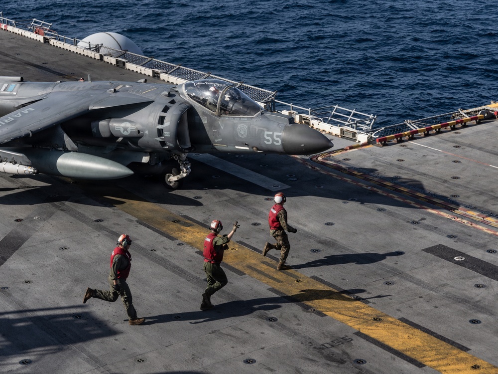 22nd MEU(SOC) | AV-8B Harrier IIs Conduct Flight Operations on USS Iwo Jima