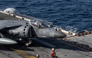22nd MEU(SOC) | AV-8B Harrier IIs Conduct Flight Operations on USS Iwo Jima