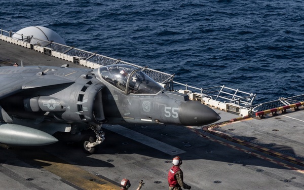 22nd MEU(SOC) | AV-8B Harrier IIs Conduct Flight Operations on USS Iwo Jima
