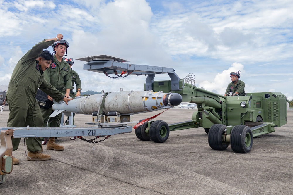VMFA-225 Marines load A GBU-54 LJDAM onto an F-35B Lightning II