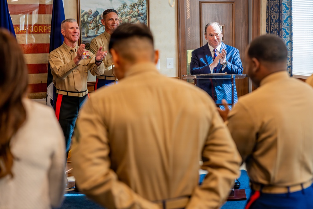 The Commandant, Gen. Eric M. Smith attends a meritorious promotion ceremony for Marines stationed around the globe