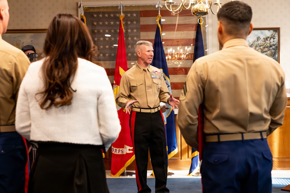 The Commandant, Gen. Eric M. Smith attends a meritorious promotion ceremony for Marines stationed around the globe