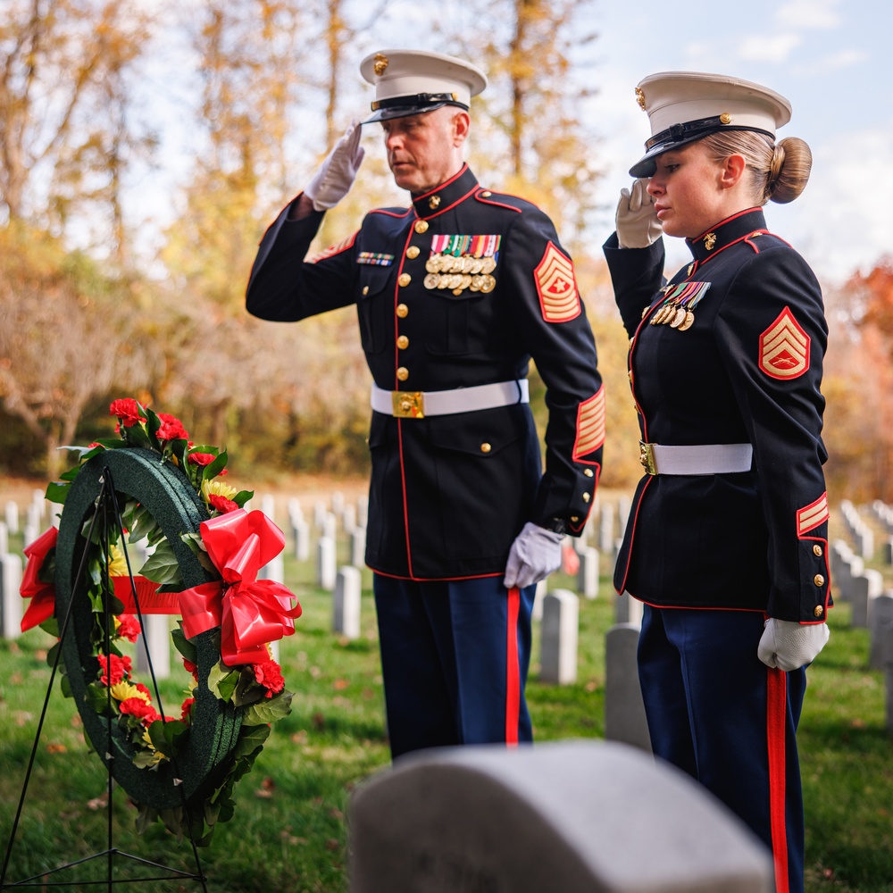 U.S. Marines conduct wreath laying ceremony honoring the seventh Sergeant Major of the Marine Corps