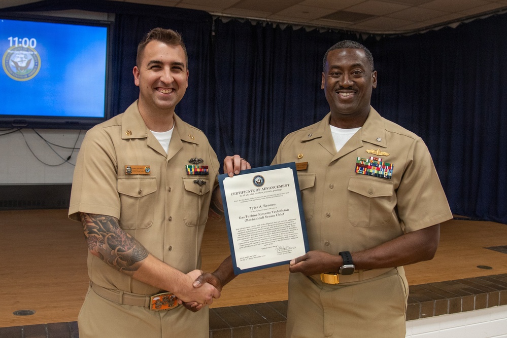GSMC Tyler Benson Promoted to Senior Chief Petty Officer at Surface Warfare Engineering Schools Command (SWESC) Great Lakes