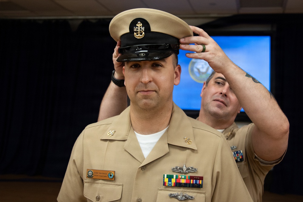 GSMC Tyler Benson Promoted to Senior Chief Petty Officer at Surface Warfare Engineering Schools Command (SWESC) Great Lakes