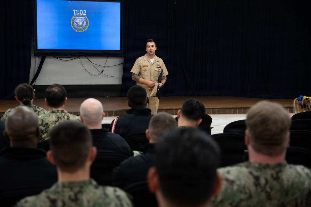 GSMC Tyler Benson Promoted to Senior Chief Petty Officer at Surface Warfare Engineering Schools Command (SWESC) Great Lakes